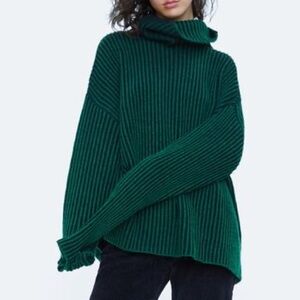 Zara S Stripe Chunky Ribbed Knit Wool Blend Slouchy Oversized Turtleneck Sweater